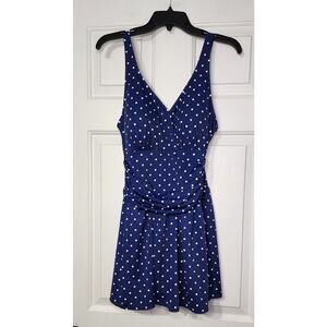 D&Co. Beach Denim Company Polka Dot Print‎ One Piece Swim Dress Swimsuit Size 12